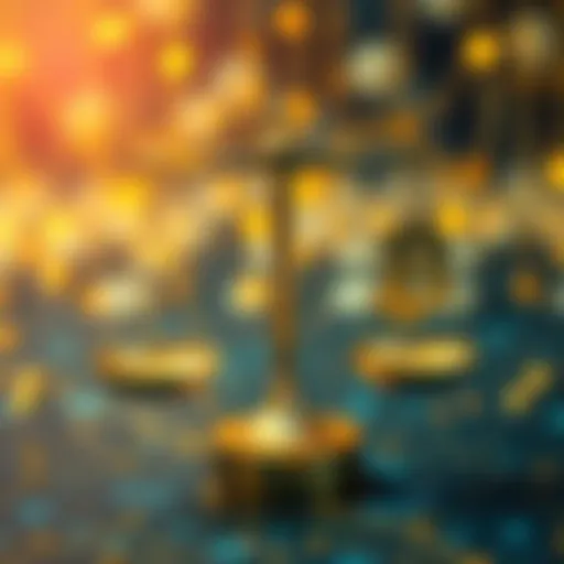 A graphic showing a balanced scale with blockchain symbols on each side, representing fairness and integrity in blockchain transactions.