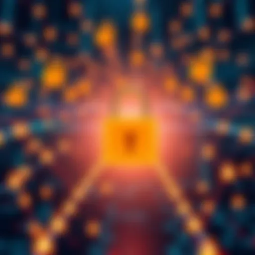 A digital illustration showing a blockchain network with locks symbolizing secure file verification, alongside hash values representing unique digital fingerprints, enhancing transparency in business transactions.