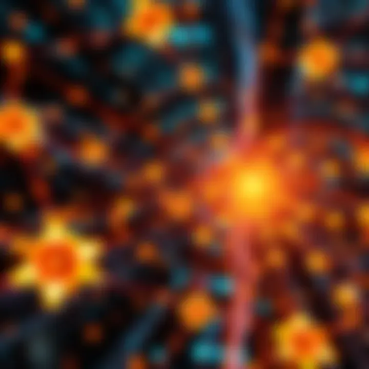 Blockchain with High Transaction Speed A futuristic representation of a blockchain network processing high volumes of transactions, with glowing nodes and digital connections illustrating speed and efficiency.