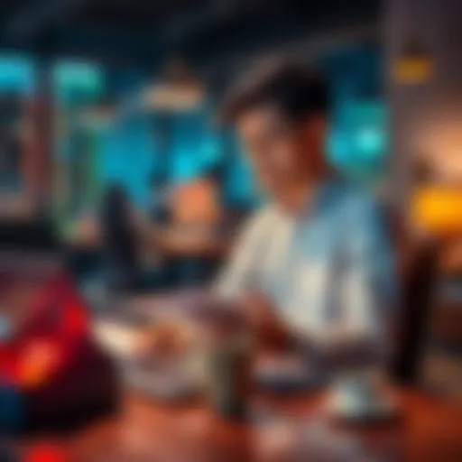 A young professional reviewing notes about blockchain while sitting at a desk with a laptop and coffee