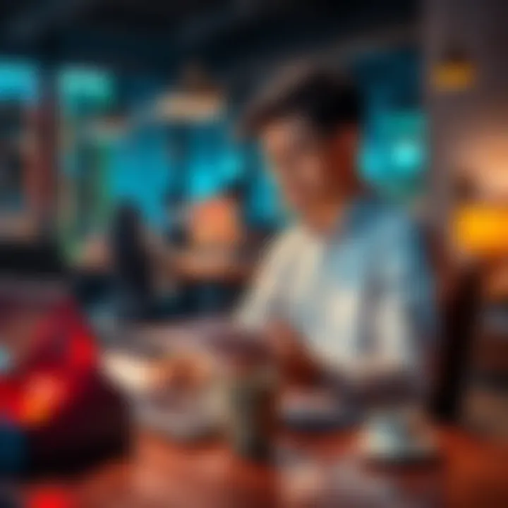 A young professional reviewing notes about blockchain while sitting at a desk with a laptop and coffee