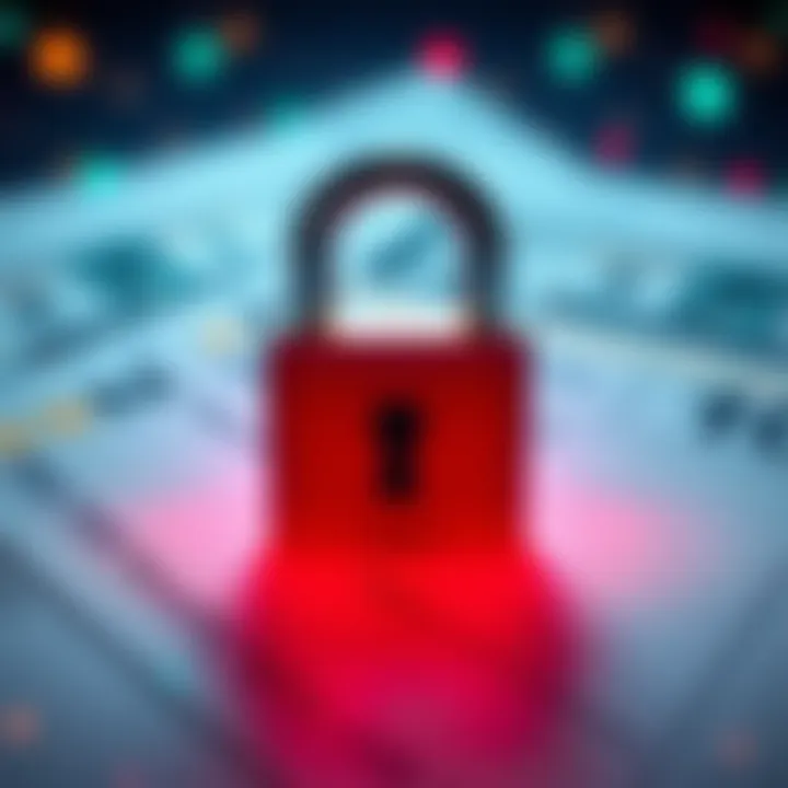 A visual representation of blockchain technology showing a secure lock symbol, representing privacy in consumer loans, with digital loan documents in the background.