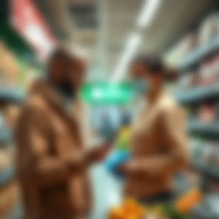 Blockchain Payments in Supermarkets A customer paying for groceries using a smartphone with a blockchain payment app in a supermarket