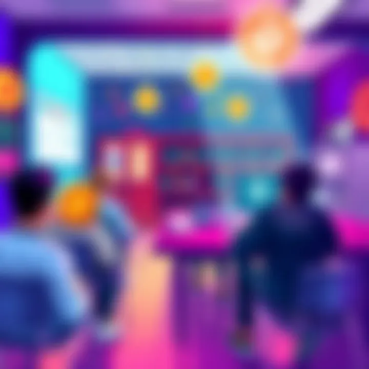 A colorful illustration showing a school with students representing blockchain and cryptocurrency concepts, along with symbols of Binance.