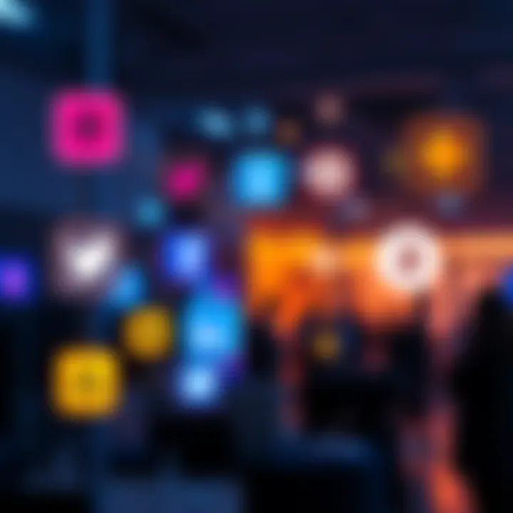 A graphic showing various social app icons connected to different blockchain logos, highlighting the relationship between them, with people discussing in the background.