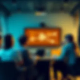 A group of people discussing blockchain technology and communication issues in a meeting room
