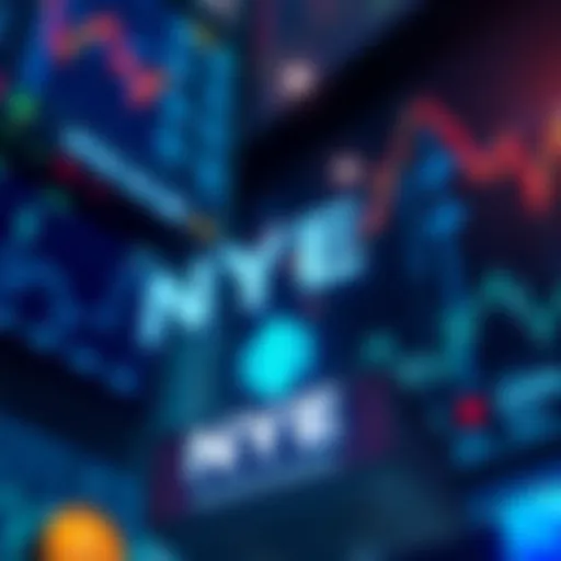 An illustration of the NYSE logo with digital blockchain symbols and stock market charts in the background, showcasing the innovation in trading.