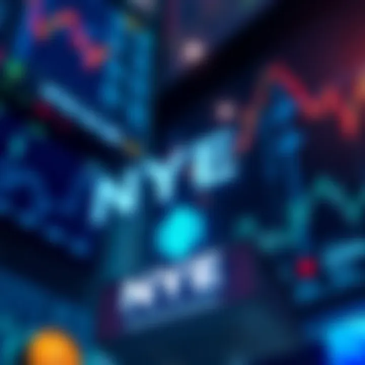 An illustration of the NYSE logo with digital blockchain symbols and stock market charts in the background, showcasing the innovation in trading.