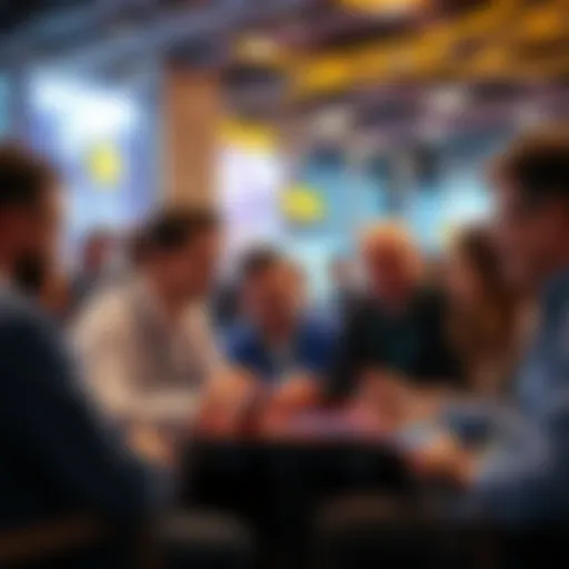 A group of blockchain validators and miners engaged in a lively discussion over digital devices, sharing ideas in an online forum setting.