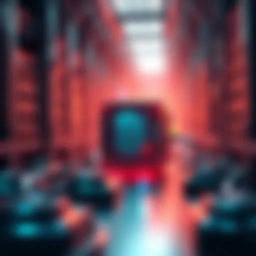 A visual representation of a blockchain virtual machine surrounded by disk drives, illustrating the concept of disk churn and data management.