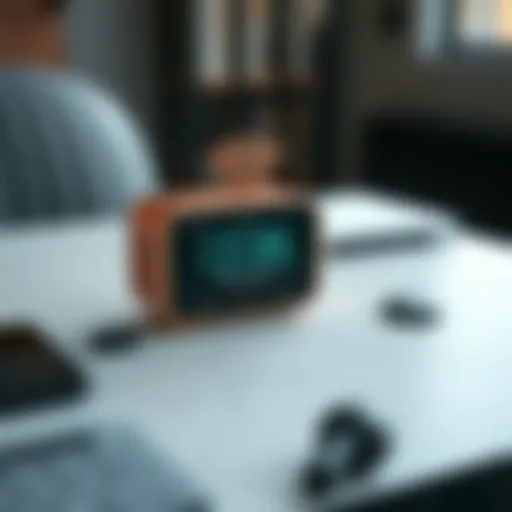 A Blockclock device by Coinkite displayed on a table, showing its screen and connectivity status, with a Wi-Fi symbol visible