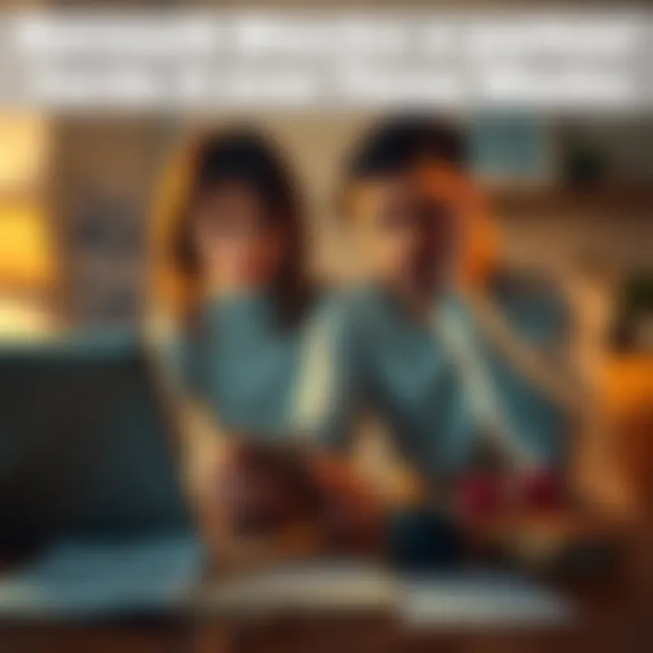 A stressed couple looking worried while checking their bank account on a laptop, with bills and a rent notice on the table nearby.