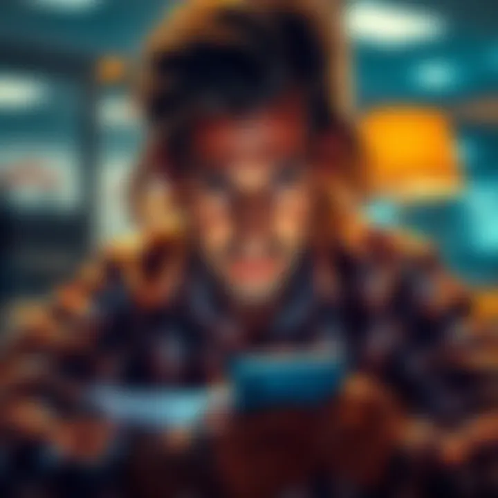 A frustrated customer looking at a blocked account notification on their smartphone with a confused expression, surrounded by bank documents.