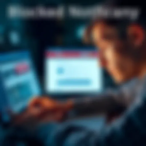 A frustrated person looking at a blocked account message on a laptop, expressing disappointment and confusion.