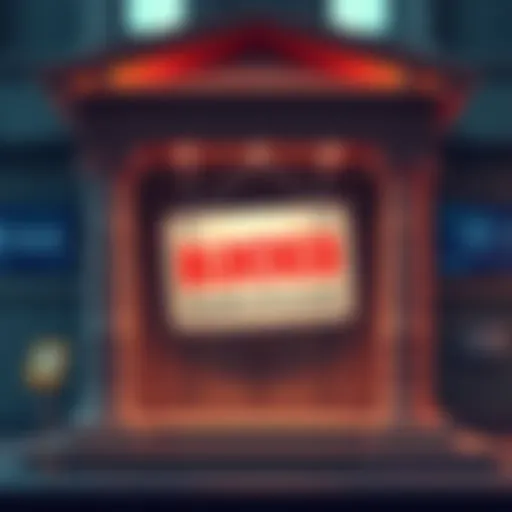 A visual of a bank with a sign showing blocked transfers to a UK Revolut account, symbolizing the issue US banks face.