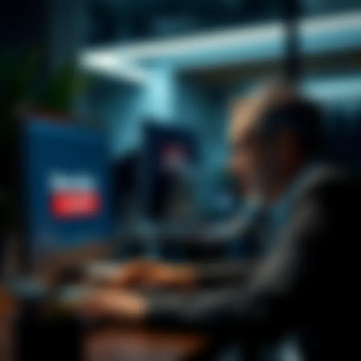 A frustrated business owner looking at a computer screen with blocked account notification