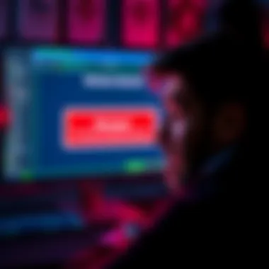 A frustrated person looking at a computer screen displaying a blocked Coinbase account notification, symbolizing issues accessing funds.