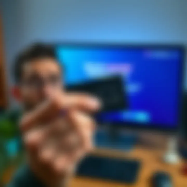 A person looking frustrated while holding a blocked credit card in front of a computer screen showing a payment decline notice