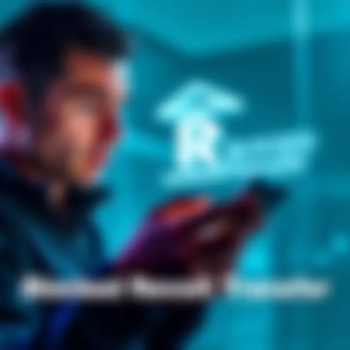 A person looking frustrated while checking their phone with a bank logo in the background, symbolizing a blocked money transfer.