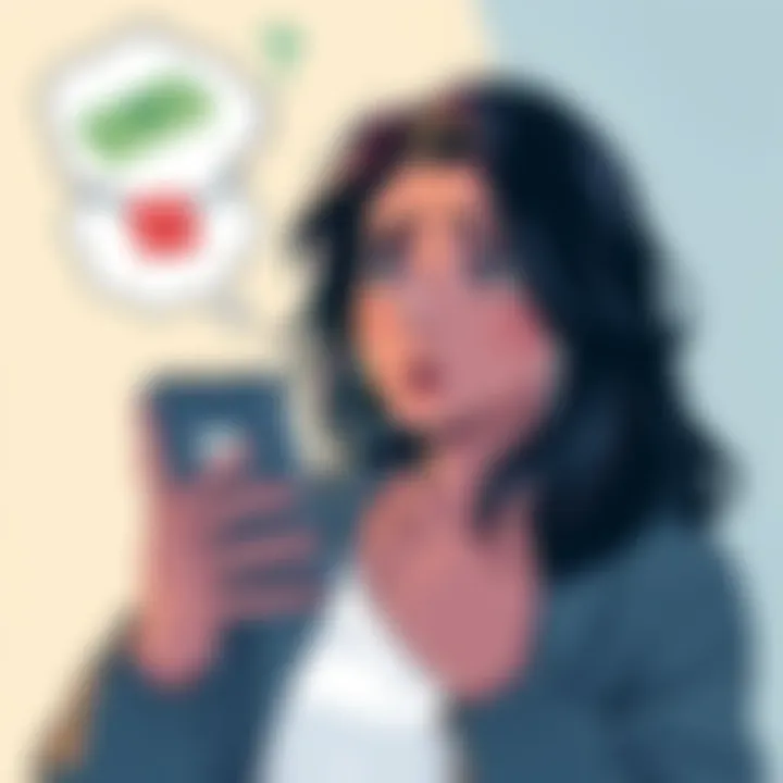 An illustration showing a woman looking worried while holding her phone and seeing a blocked account message on the screen, with a thought bubble depicting money and a question mark.