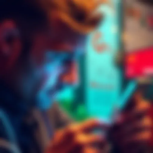 A frustrated person looking at their smartphone showing a blocked account message from Revolut, with a background hinting at financial stress.