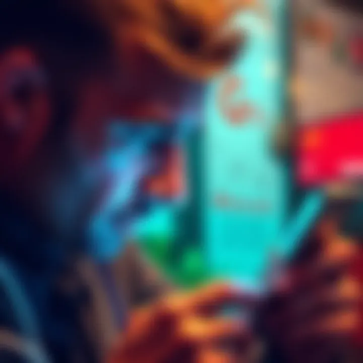 A frustrated person looking at their smartphone showing a blocked account message from Revolut, with a background hinting at financial stress.
