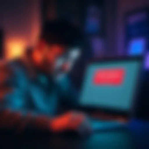 A frustrated person looking at their laptop screen with a blocked withdrawal notice on display.