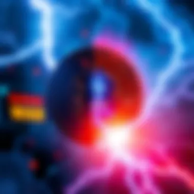 Blocksize War and Lightning Network Overview A visual representation of the Blocksize War and the Lightning Network, featuring a split image of blockchain technology and a lightning bolt symbolizing fast transactions.