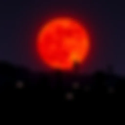 A striking red Blood Moon shining in the night sky with a crowd of people eagerly watching and taking photos below.