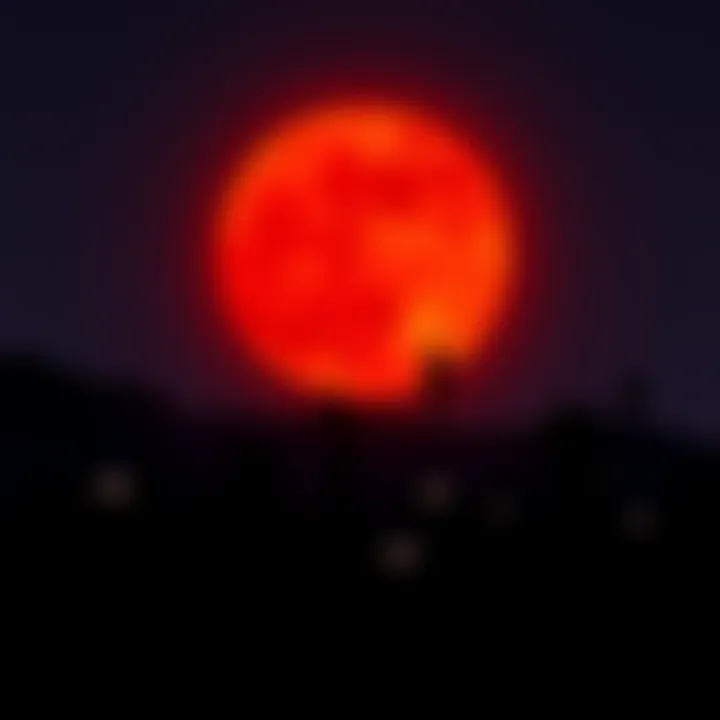 A striking red Blood Moon shining in the night sky with a crowd of people eagerly watching and taking photos below.