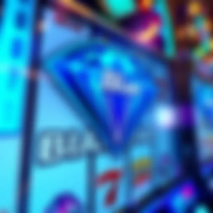 A close-up of the Blue Diamond slot machine display with vibrant graphics and a glowing blue logo, showcasing the challenge to win the prize.