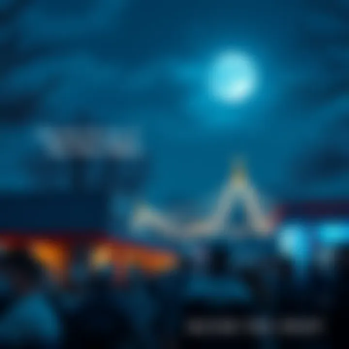 People enjoying a festive night under a bright blue moon, with decorations and lights illuminating the area.