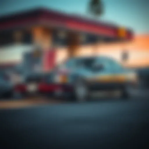 A BMW E34 parked in front of a smog check station in California, showcasing aftermarket modifications.