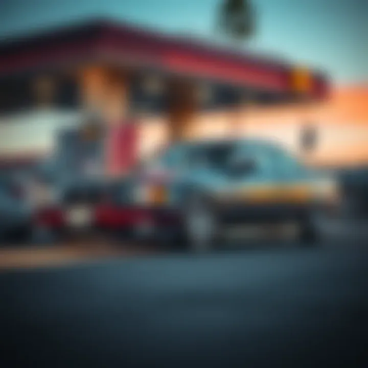 A BMW E34 parked in front of a smog check station in California, showcasing aftermarket modifications.