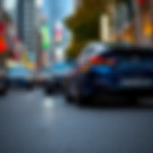 A sleek BMW M4 parked alongside other cars on a vibrant city street, symbolizing a person's journey after five years of holding Bitcoin.