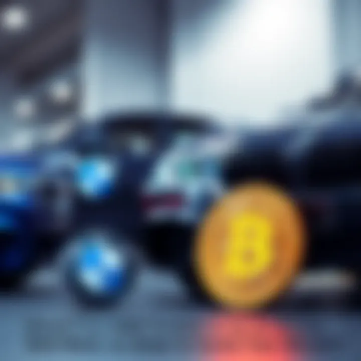A BMW car next to a Bitcoin symbol, illustrating the choice between selling a vehicle to invest in cryptocurrency.