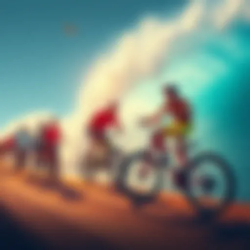 A vibrant scene featuring BMX bikes and surfers preparing for a wave, symbolizing the connection between BMX tokens and the upcoming surfing trend.