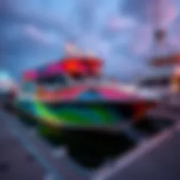 A bright, colorful wrap on a boat docked at the marina, sparking discussion online about its application date.