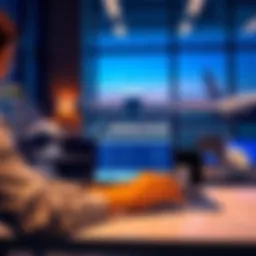 A person using a laptop to access Boeing's resources and materials online, surrounded by aircraft models in an office setting.