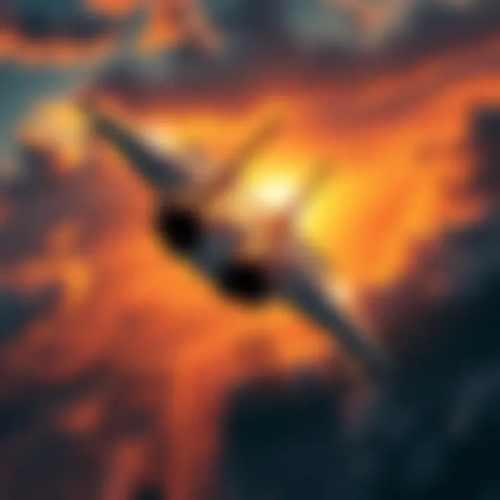 Boeing's Strategic Shift in Aerospace A futuristic Boeing fighter jet soaring above industrial landscapes, symbolizing innovation and strategic decisions in the aerospace sector.