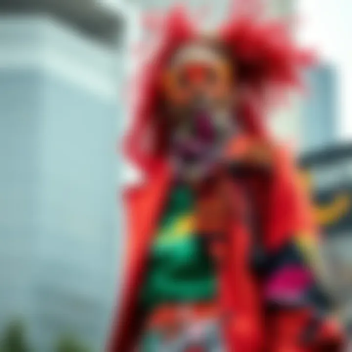 Individual sporting daring outfits with bright colors and unique patterns, standing confidently against a city backdrop.