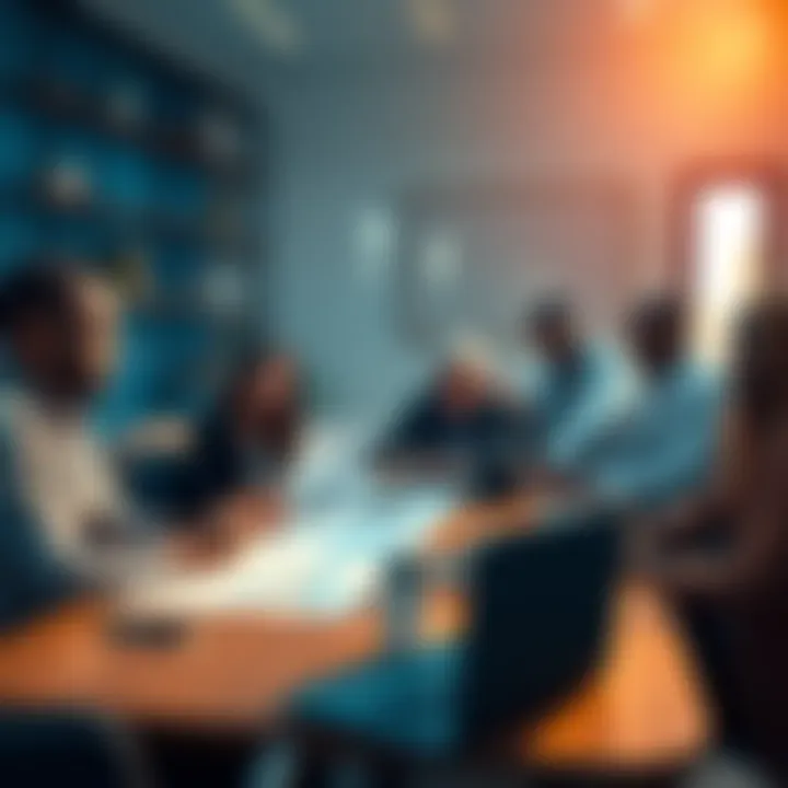 A business meeting showing a group discussing a new strategy with enthusiasm, charts, and laptops on the table.