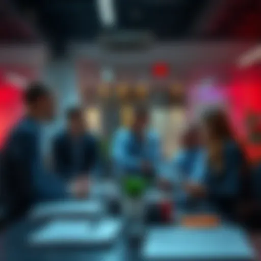 Bold Business Strategy A group of business people discussing innovative strategies in a modern office setting