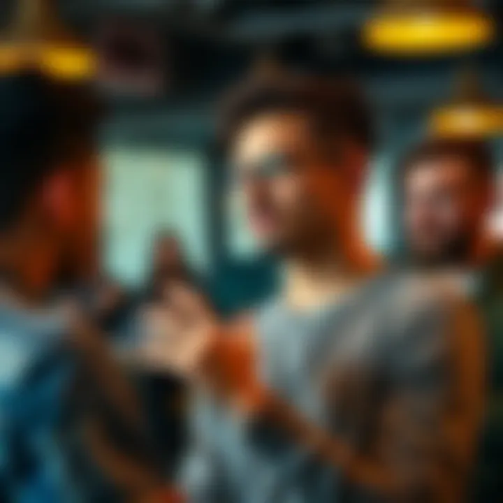 A young man confidently expressing his thoughts in a group setting, showcasing boldness and openness.