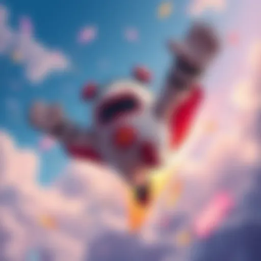 A cartoon character representing Bonk soaring into the sky, surrounded by colorful graphics and excitement, symbolizing its rise in popularity as a meme coin.