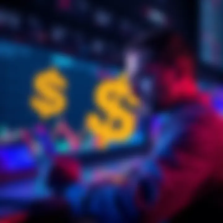 An investor looking at cryptocurrency charts with a large dollar sign in the background, symbolizing a successful investment in BONK.