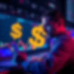BONK Vote Purchase An investor looking at cryptocurrency charts with a large dollar sign in the background, symbolizing a successful investment in BONK.