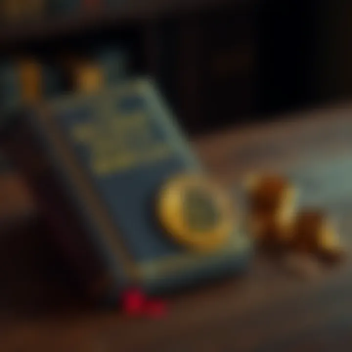 A copy of 'The Richest Man in Babylon' next to a Bitcoin symbol on a wooden table
