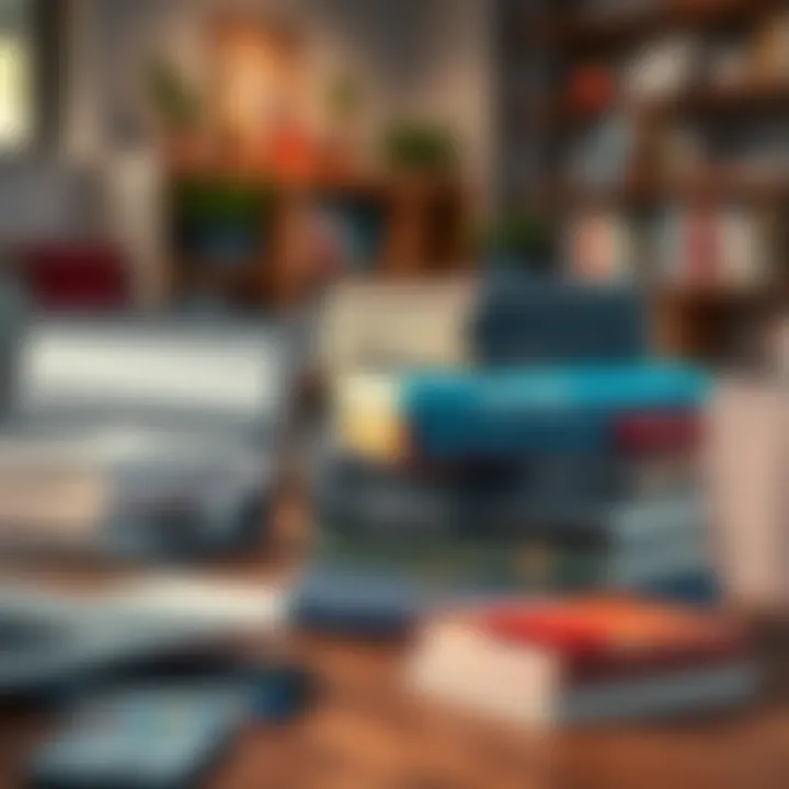 Books on DeFi and Blockchain A stack of books about Decentralized Finance and blockchain technology with a laptop and notebook on a table