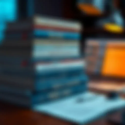 A stack of books about blockchain and Web3 with notes and a laptop in the background.